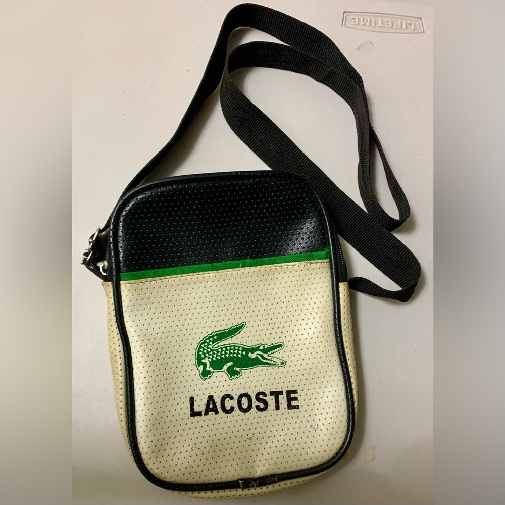Lacoste Black and Cream Messenger Bag with Iconic Design